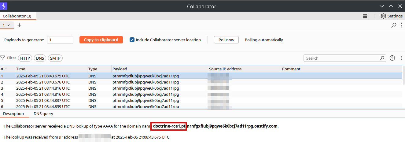 DNS callback in collaborator with payload id